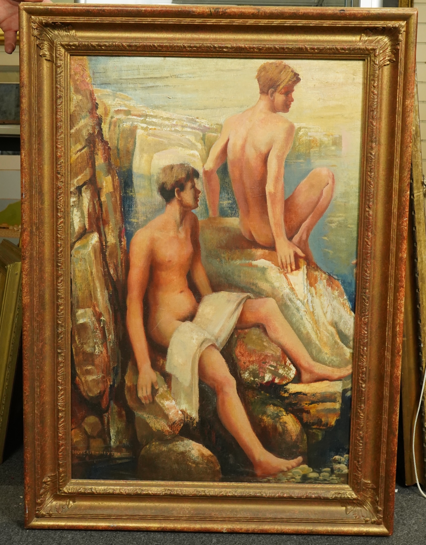 Edward Bouverie Hoyton (English, 1900-1988), Boys bathing from rocks, oil on canvas, 75 x 49cm